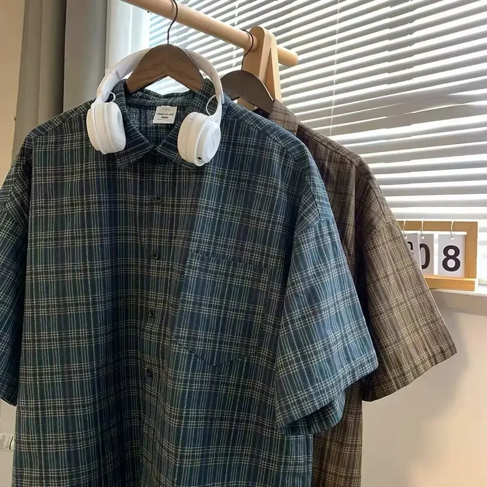 Japanese Vintage Plaid Short Sleeve Shirt Mens Streetwear Loose Fit High-end Feel Casual Stylish Versatile Half Sleeve Jacket 250220