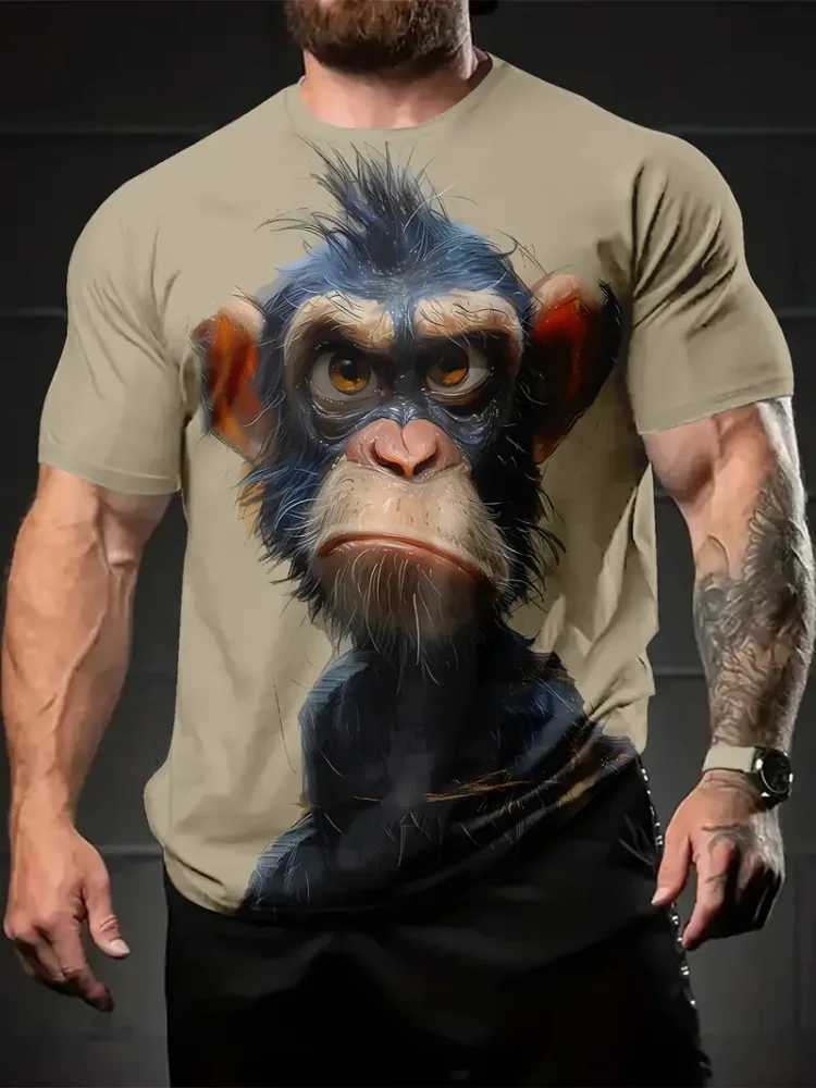 Interesting cartoon animal print mens fashionable short sleeved Harajuku street fashionable comfortable breathable mens T-shirt W250224