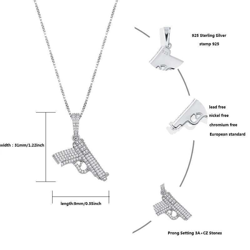 TOPGRILLZ Hip Hop Ring Pendant 925 Pure Silver Flash Pistol Pendant D Zircon Necklace Fashion Charm X250224