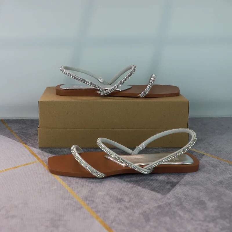 Women's Bg Flat Sandals Square Toe Broken Dia Shiny Thin Strip Summer Shoes Woman Comfortable Casual Slippers