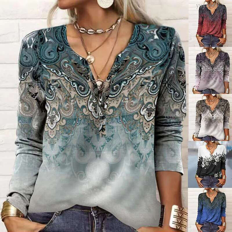 2024 Autumn and Winter New Womens Long Sleeve Printed Ethnic Fashion T-shirt Women