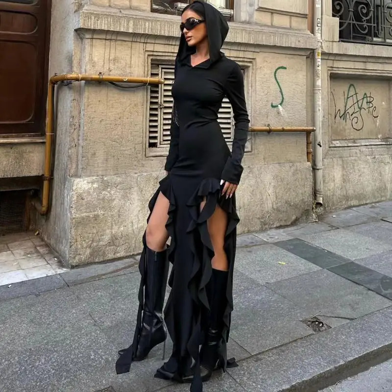 Sexy Winter Long Sleeve Black Maxi Ruffles Dress Outfits Women Y2K Streetwear Hooded Bodycon Irregular Split Dresses Vestido 250222