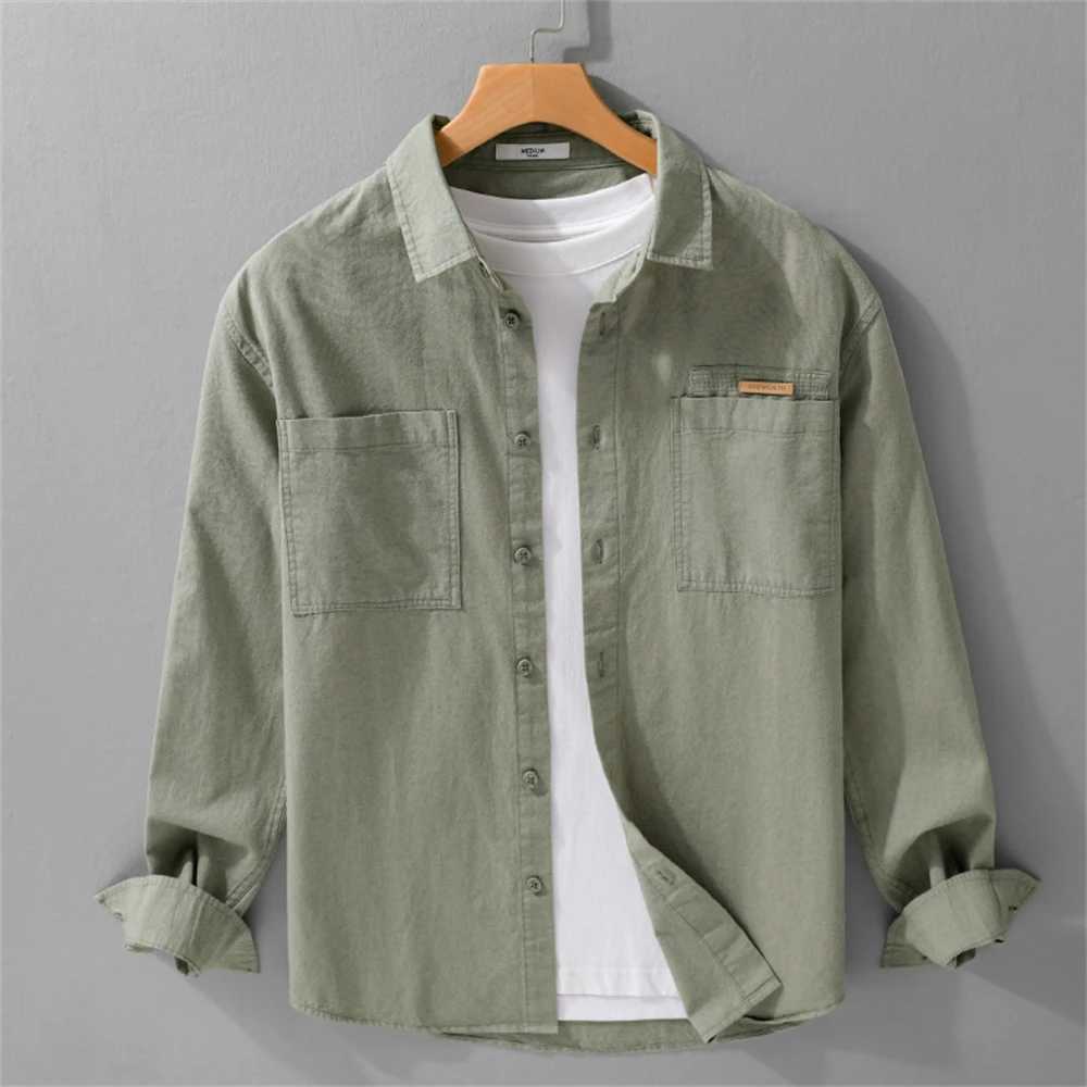 Spring Autumn Simple mens long sleeve shirts Solid Loose Casual shirt for young men vintage workwear shirts mens clothing tops W250224