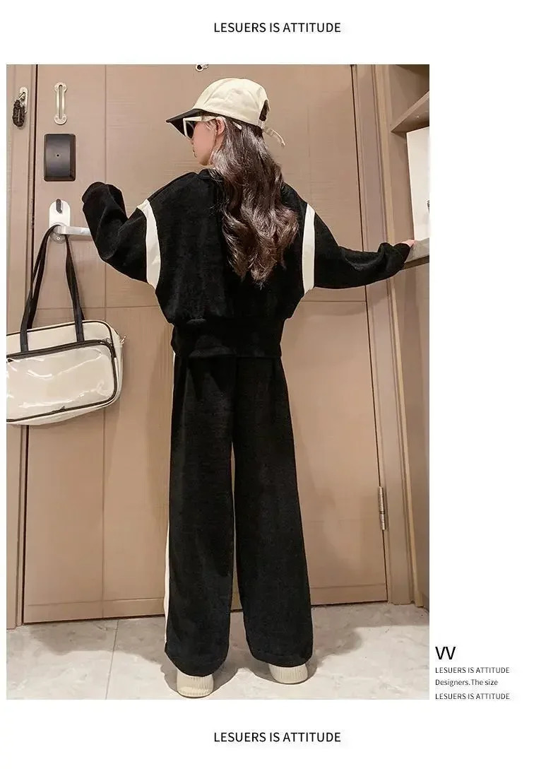 Girls Casual Sports Suit Clothes Spring and Autumn Junior Children Korean Fashion Splicing Tops Long Pants 2 Piece Sets 3-15Y 250224