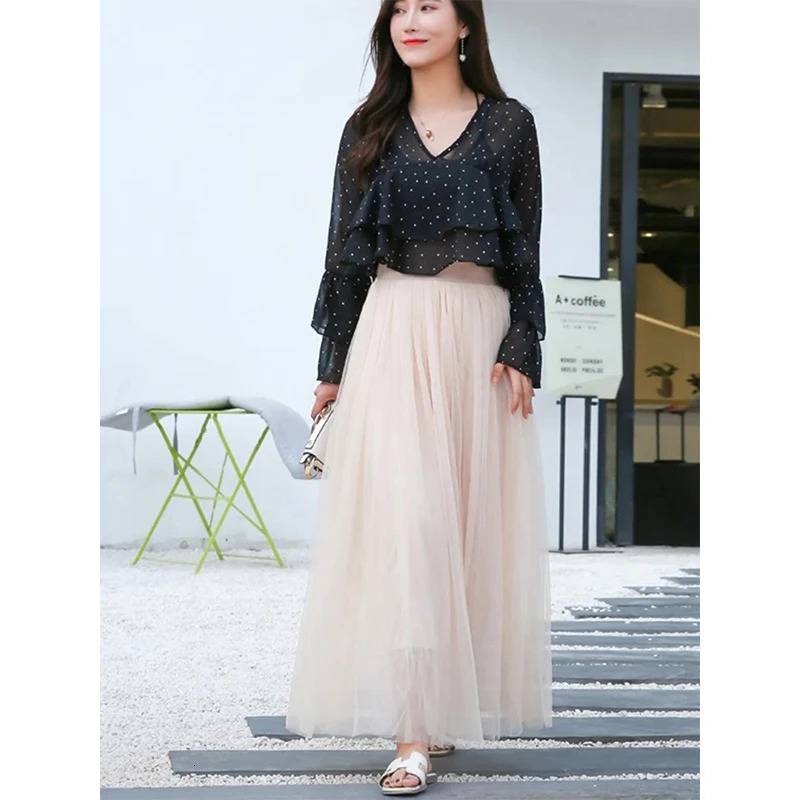 Vintage Tulle Skirt Women Streetwear Elastic High Waist Mesh Pleated Skirts Summer Elegant Korean A Line Office Ladies Skirt 250224