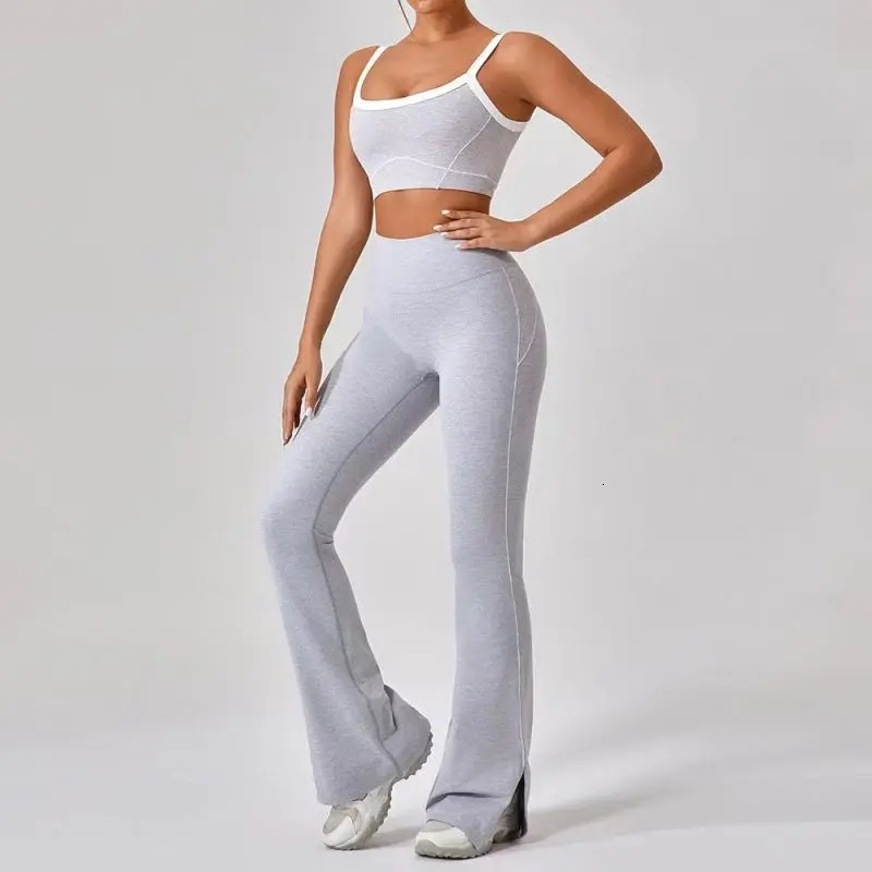 Summer 2pcs Patchwork Sport Yoga Suit High Waist Flare Split Leggings Women Outfit Fitness Workout Set Sportwear Women Tracksuit 250221