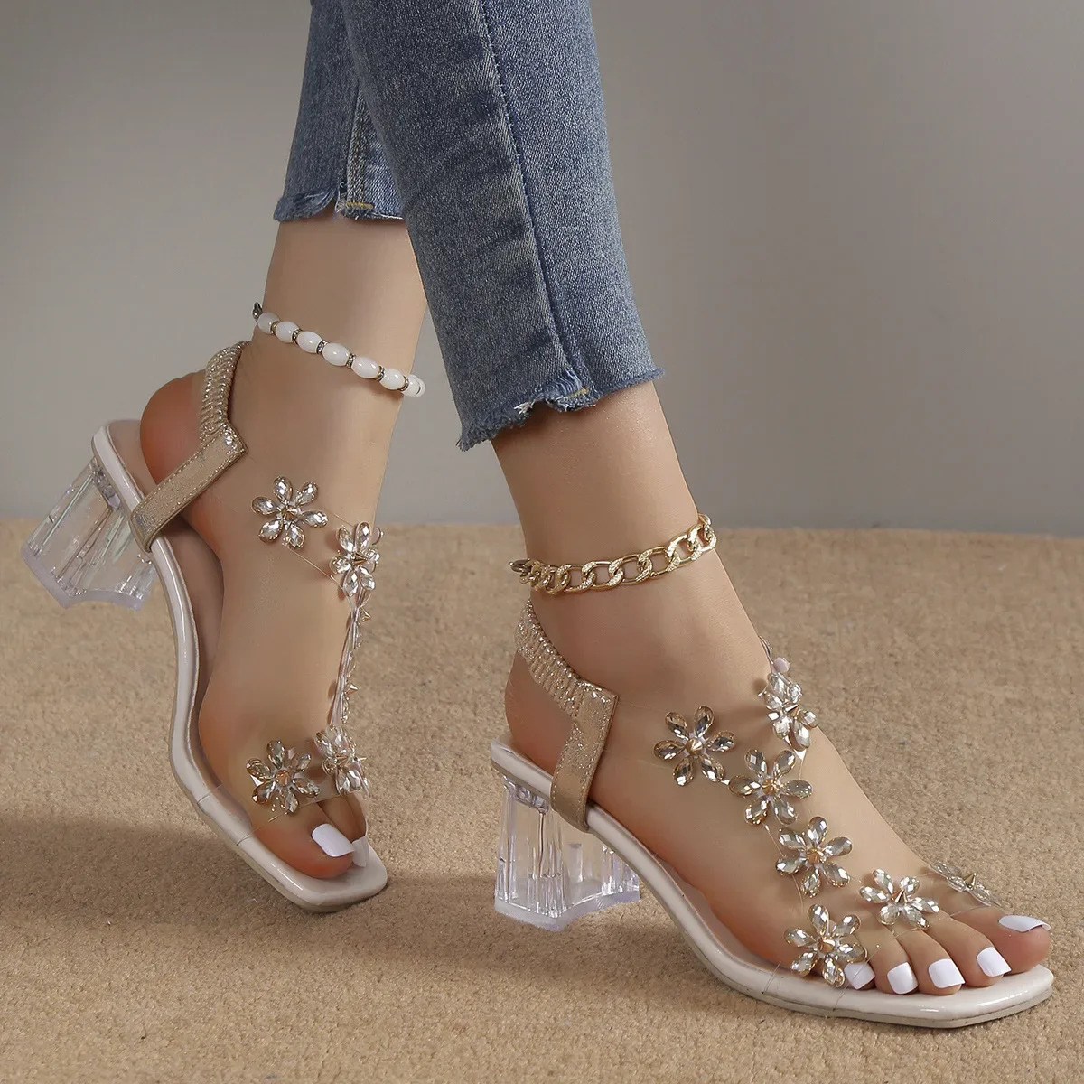 Transparent Square Heel Sandals for Woman Flash Drill Summer High Heels Fashion Womens Shoes Low Heels Sandalias Size 43 250218