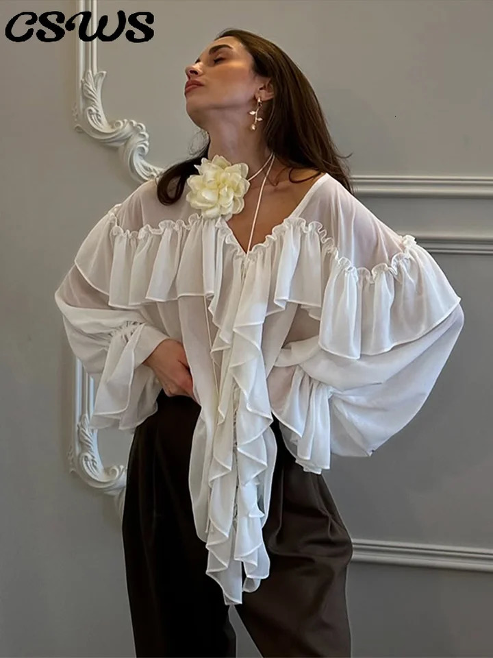 Elegant Ruffle Solid Women Shirts See Through Vneck Long Lantern Sleeve Lady Top Spring Office Oversize Female Blouses 250222