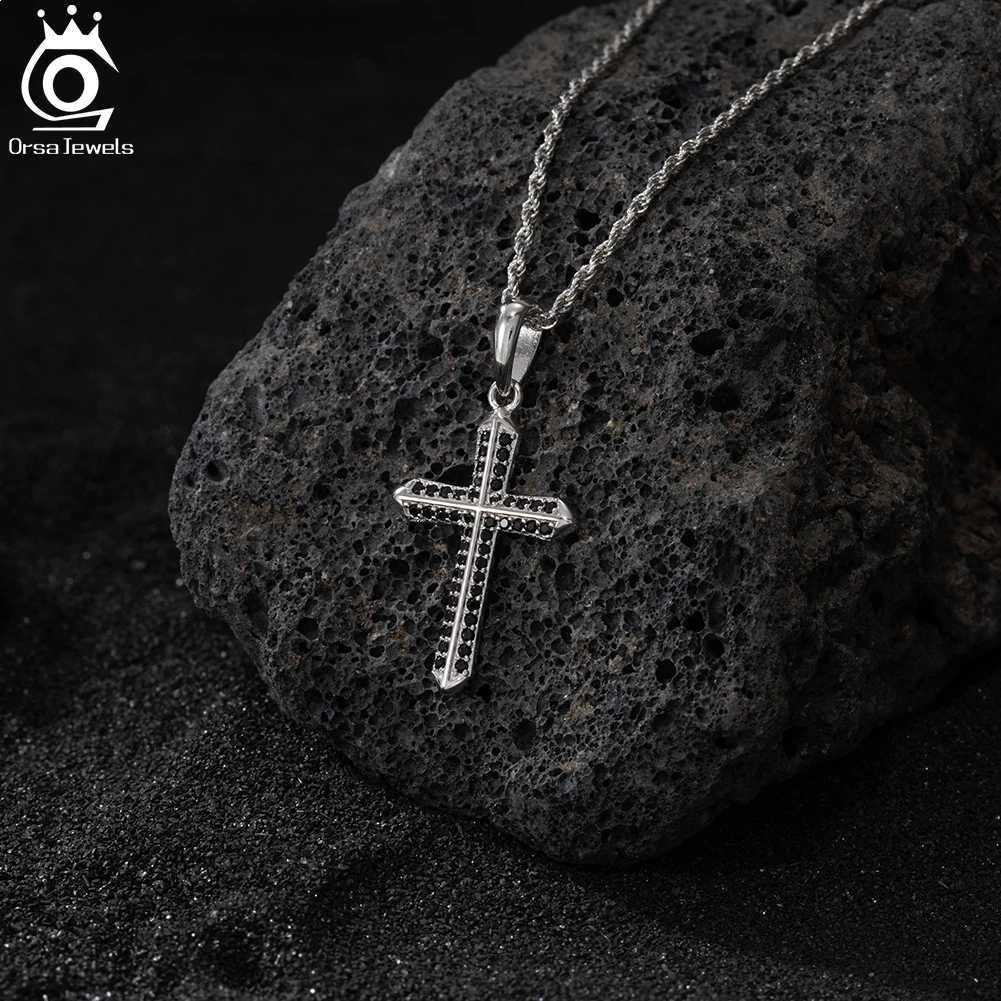 ORSA JEWELS Classic Cross with Clear CZ Pendant Necklace 925 Sterling Silver Hip Hop Religious Gothic Jewelry NMN06 X250224