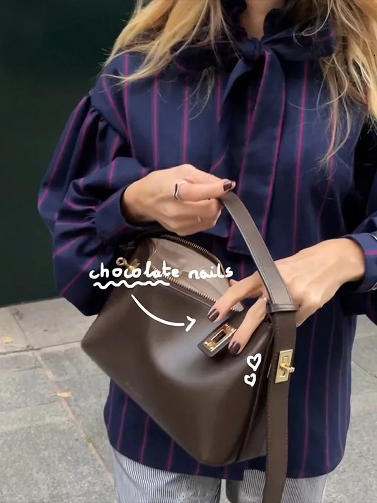 Striped Women Casual Lace Up Blouse Fashion O Neck Long Sleeve Singlebreasted Loose Shirt Spring Female Commuting Tops 250222