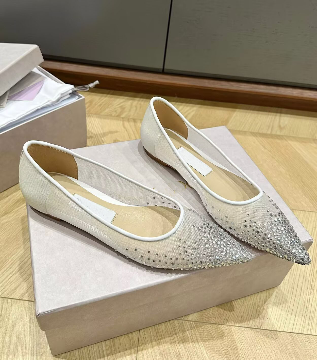 Elegant Design Party Wedding Bridal Women Love Sandals Flat Degrade Crystal Mesh Pointed Toe Ballet Flats Slip On Casual Walking Whoelsale Footwear EU35-42