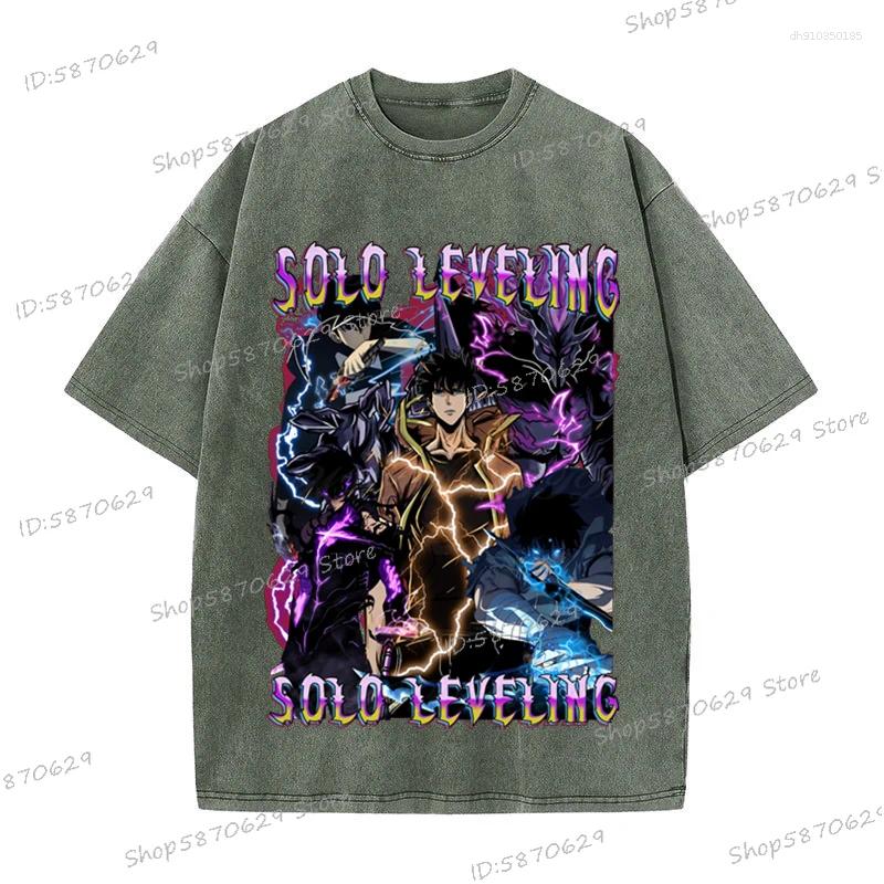 Men's T Shirts Anime Solo Leveling Shirt Cotton Vintage Washed Sung Jin Woo T-shirts Streetwear Retro Manga Men Women Tops