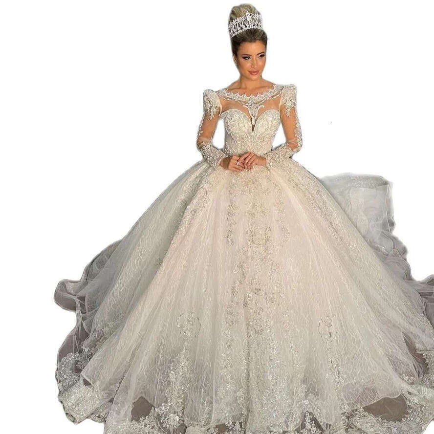 Ball Arab Princess Gown Wedding Dress Dubai Jewel Neck Long Sleeve Sequins Lace Appliques Beads Puffy Bridal Gowns S