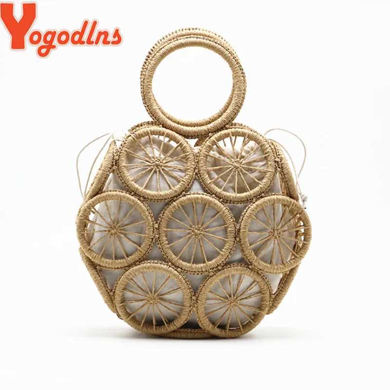 Yogodlns Summer Straw Bag For Women Round Hollow Beach Bag Casual Handmade Woven Handbag Seaside Vacation LadyHandle Bag Pouch