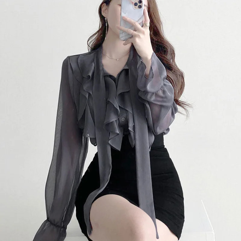 Spring Chiffon Shirt Fashion Office Womens Top Sweet Bow Shirt Womens Casual Long Sleeve Womens Clothing Blusas Mujer 13864 250224