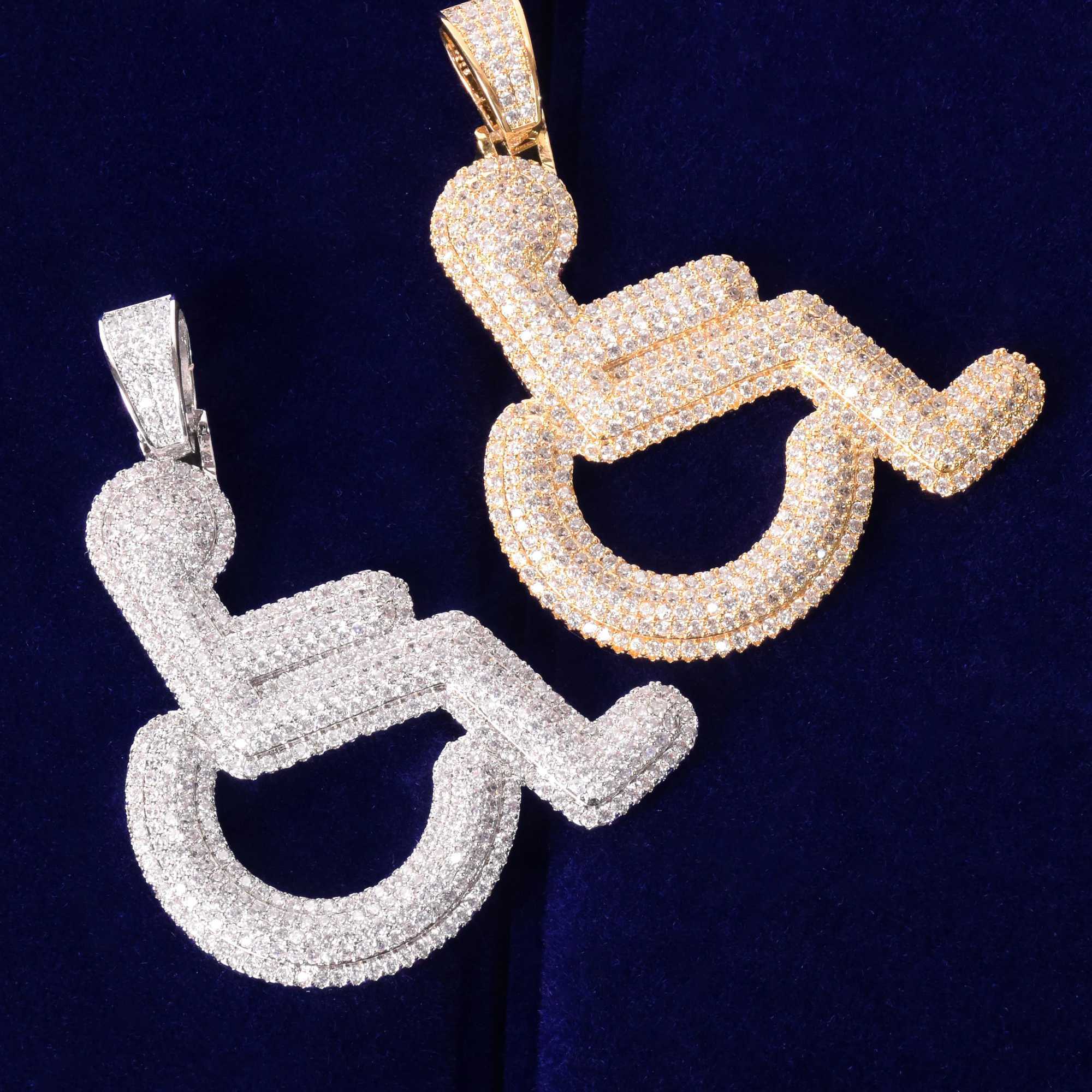 Bubble Letter Wheelchair Handicap Sign Pendant Necklace Gold Color Charm Bling Cubic Zircon Mens Hip hop Rock Jewelry X250224