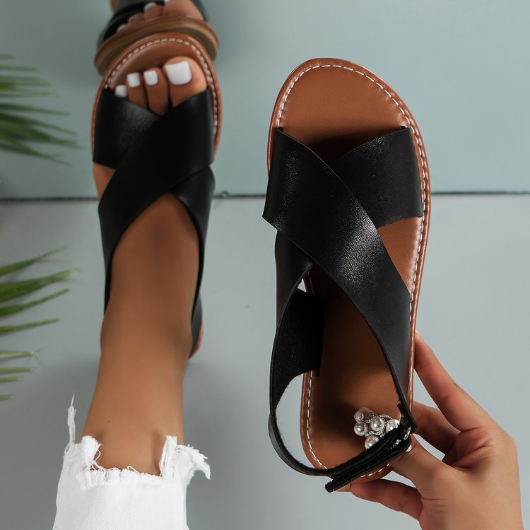 2025 Europe and the United States foreign trade large size cross with flat sandals women retro style open toe beach sandals 35-43 Wide Design slipper 