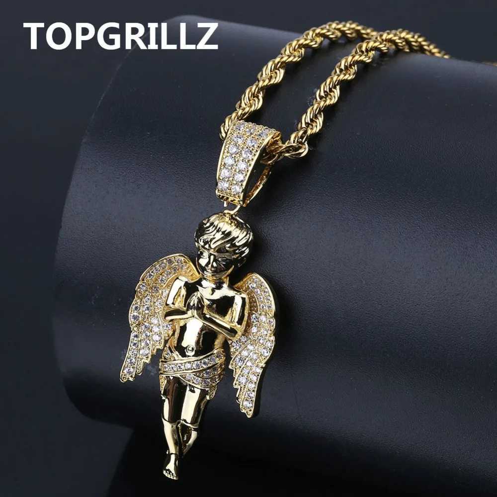 TOPGRILLZ HipHop Mens Wen Necklace Gold Color Plated and Out Micro Pave CZ Stone Angel Pendant Necklaces Gifts X250224