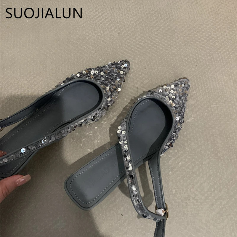 SUOJIALUN Bling Women Sandal Fashion Pointed Toe Shallow Slip On Ladies Elegant Slingback Shoes Med Heel Pumps Shoes 250318