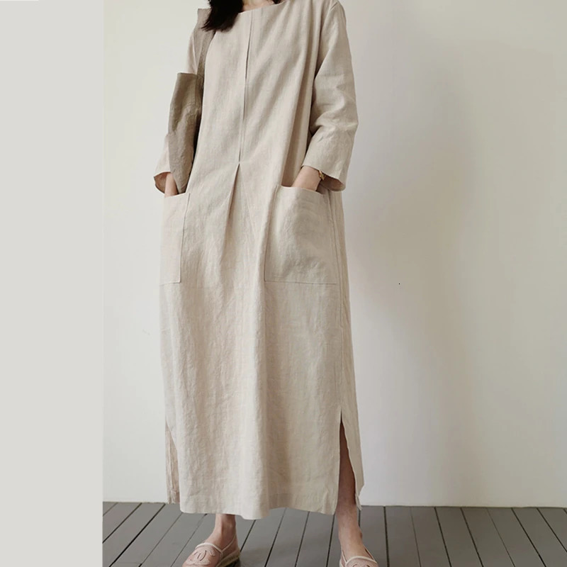REALEFT Cotton and Linen Womens Loose Long Dresses Pockets High Waist ONeck Casual Straight Dress Female Summer 250222