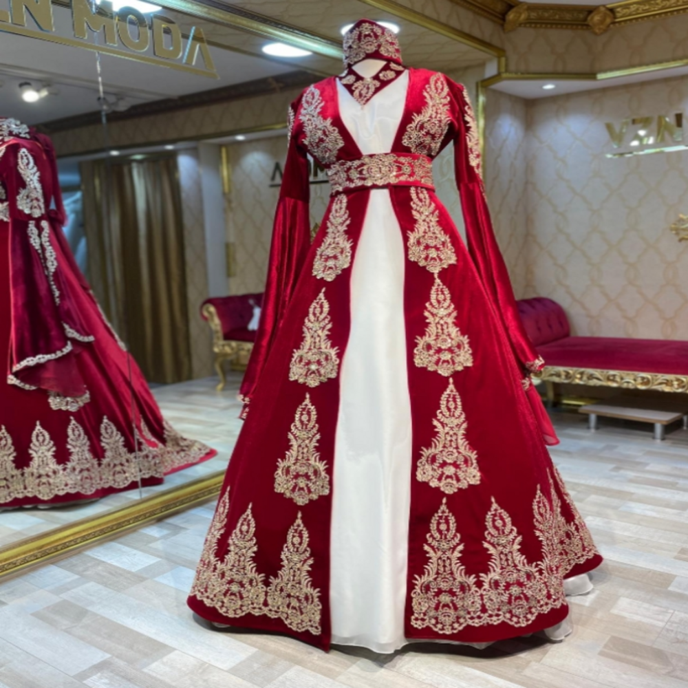 Gorgeous Red Moroccan Wedding Dress Caftan Turkish Jellaba Bride Dress 2025 Long Sleeve Lace Arabian Algerian Bridal Irish Vestido De Noiva Casamento 