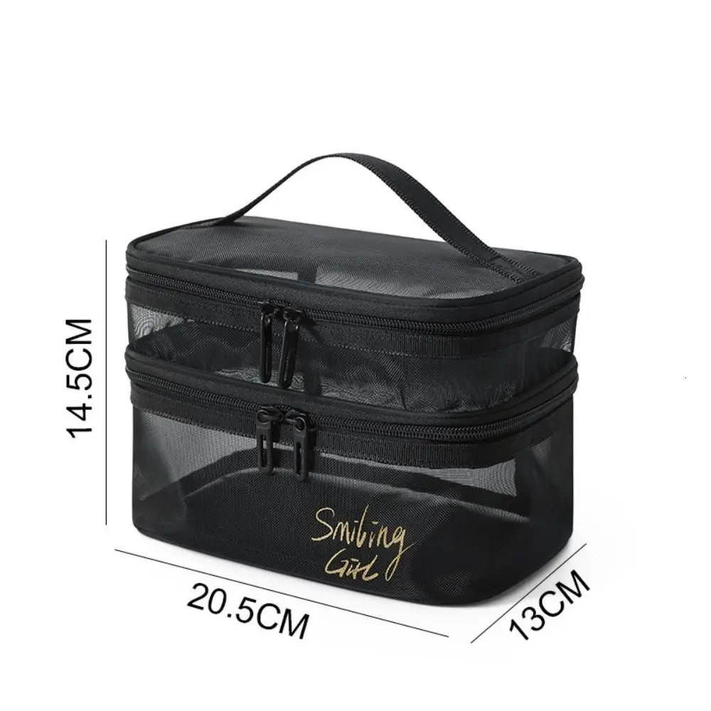Double layer black mesh makeup bag travel portable large capacity makeup box organizer storage bag zipper makeup bag 250214
