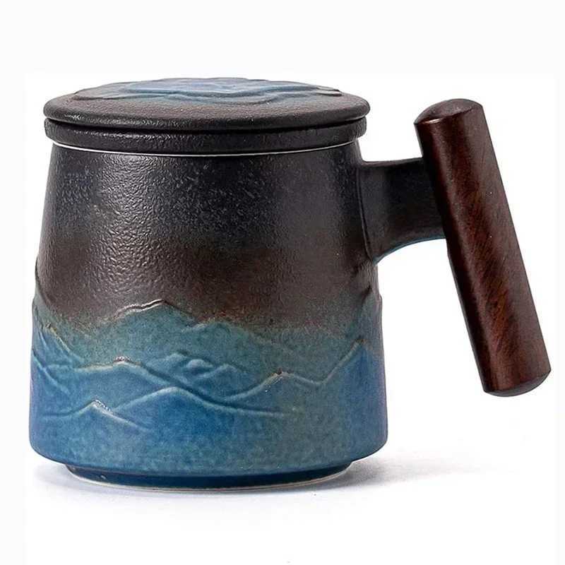 Luxury Vintage Mug Ceramic Tea Cup Thermal Coffee Cups and Mugs with Infuser Wooden Handle Milk Breakfast Cups Personzed GiftC250224