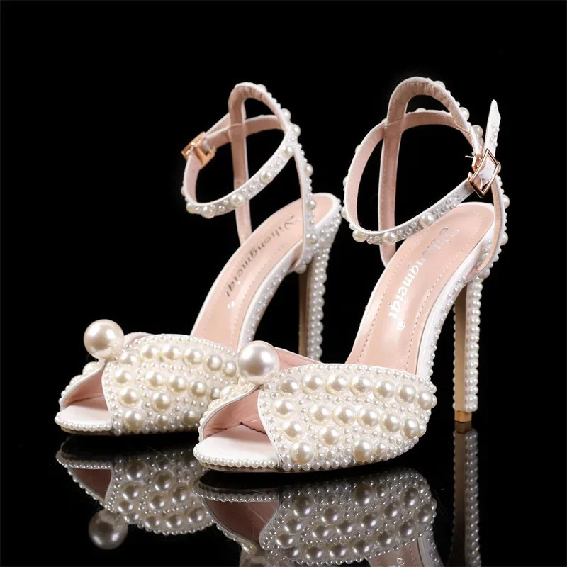 Maogu Women Sandals Fashion High Quality Wedding Shoes Women Pearls Studs Peep Toe High Heels Buckle Woman Sandals 43 250218