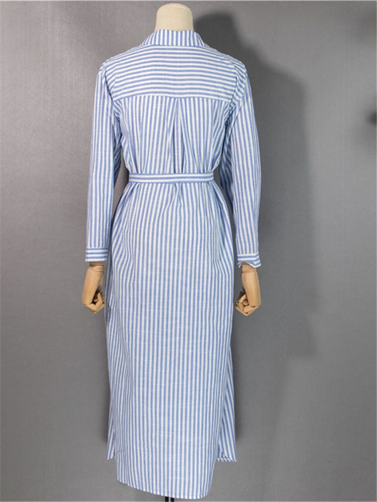 Colorfaith DR2268 Striped Lace Up Cotton and Linen Shirt Dress Spring Summer Women Korean Fashion Chic Long Dresses 250222