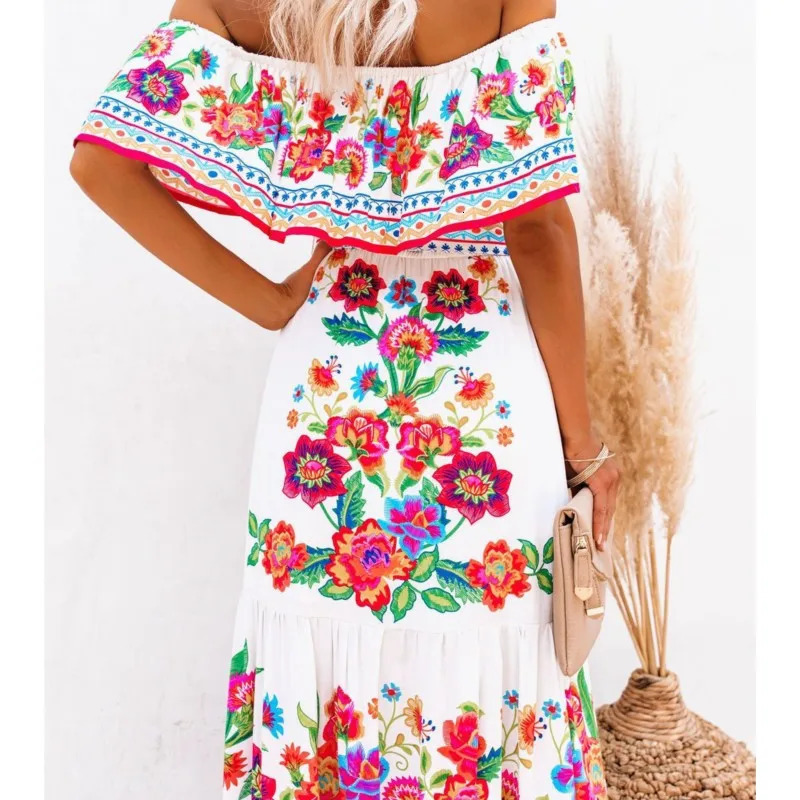 SpringSummer Women Retro Fashion One Shoulder Red Flower Printed Waist Collection Long Style Large Swing Casual Dress 250222