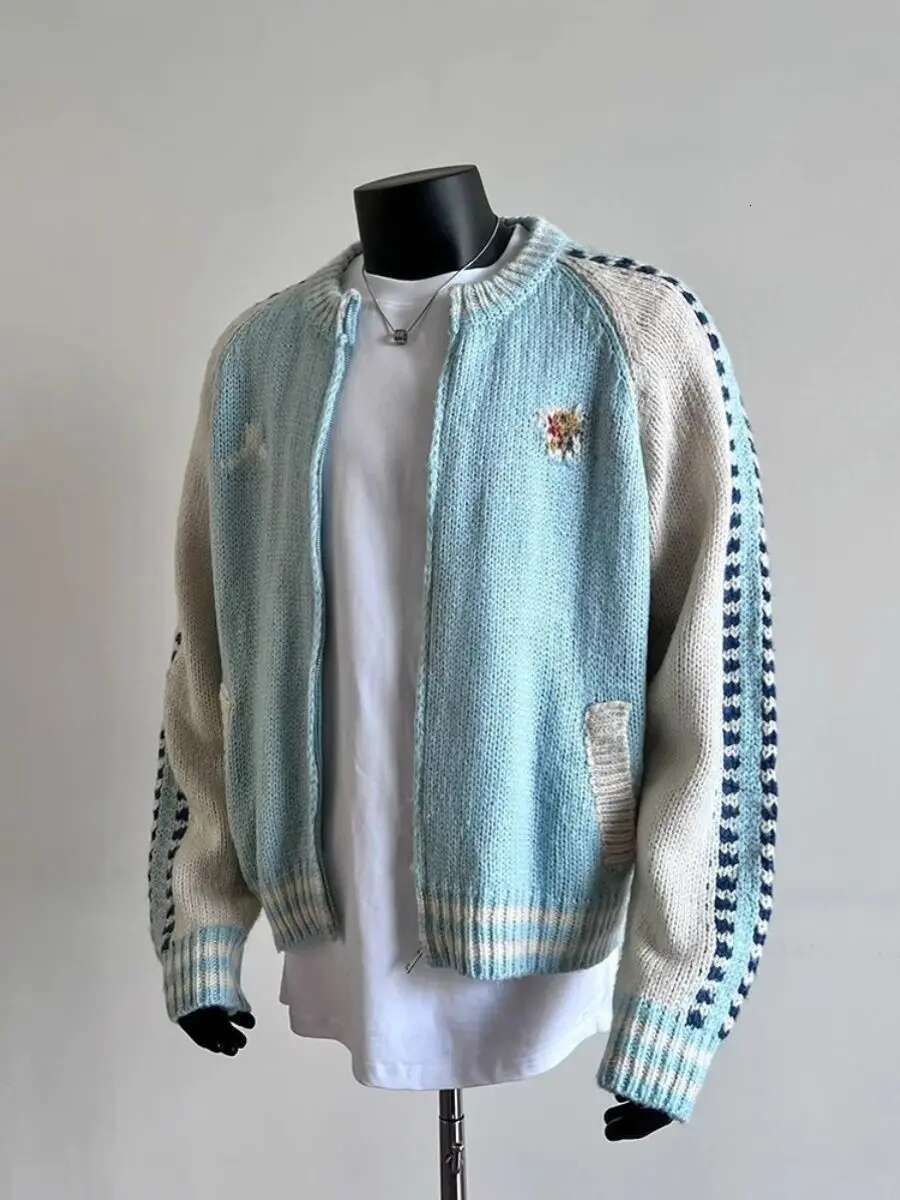New Fashion Trend Design Knitted Wool Color-blocked Zipper Jacket Men's Winter Simple Casual Warm Couple Sweater Cardigan