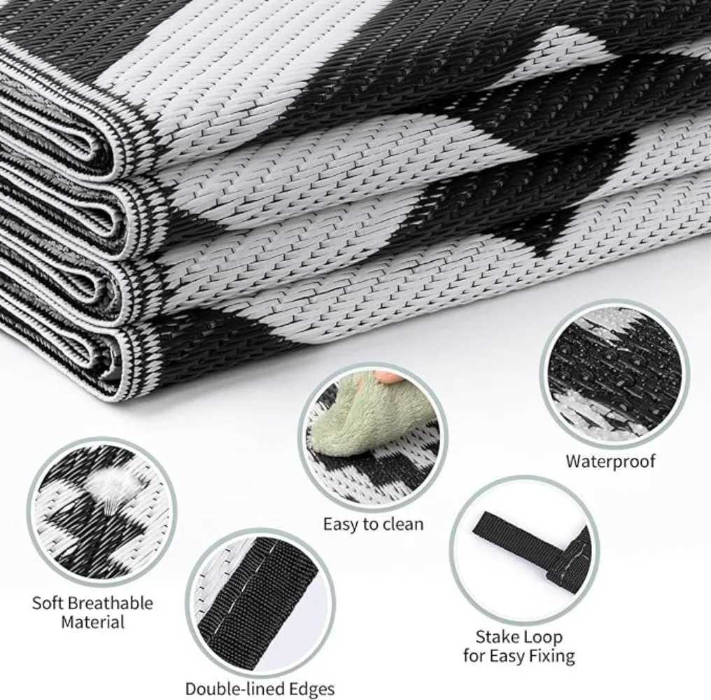 MiRcle Sweet Waterproof Outdoor Rug 4X6 ft Rrsible Black White Plastic Straw Patio Carpet for Camping 120X180cm Floor Mat Z250222
