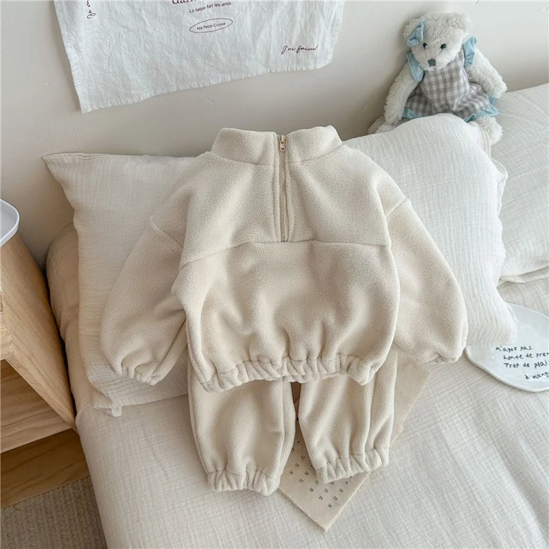 Kids Fleece Warm Set Winter Plus Velvet Outfits Long Sleeved Pullover TopsPants 2Pcs Autumn Childrens Casual Clothing Suits 250224