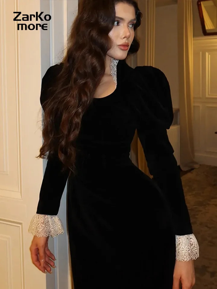 Elegant Patchwork Velvet Midi Dress Black Lace Long Puff Sleeve Slim High Waist Dresses Spring Summer Lady Party Robes 250222