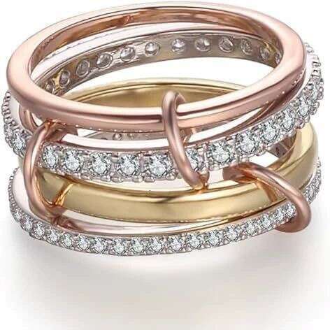 Tk New Product Interlocking Stacked Cube Four Rings Gold and Sier Double Splicing High Gloss Ring Gift