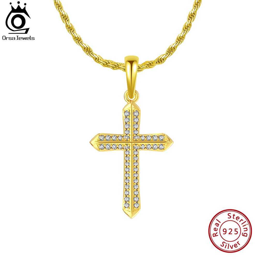 ORSA JEWELS Classic Cross with Clear CZ Pendant Necklace 925 Sterling Silver Hip Hop Religious Gothic Jewelry NMN06 X250224