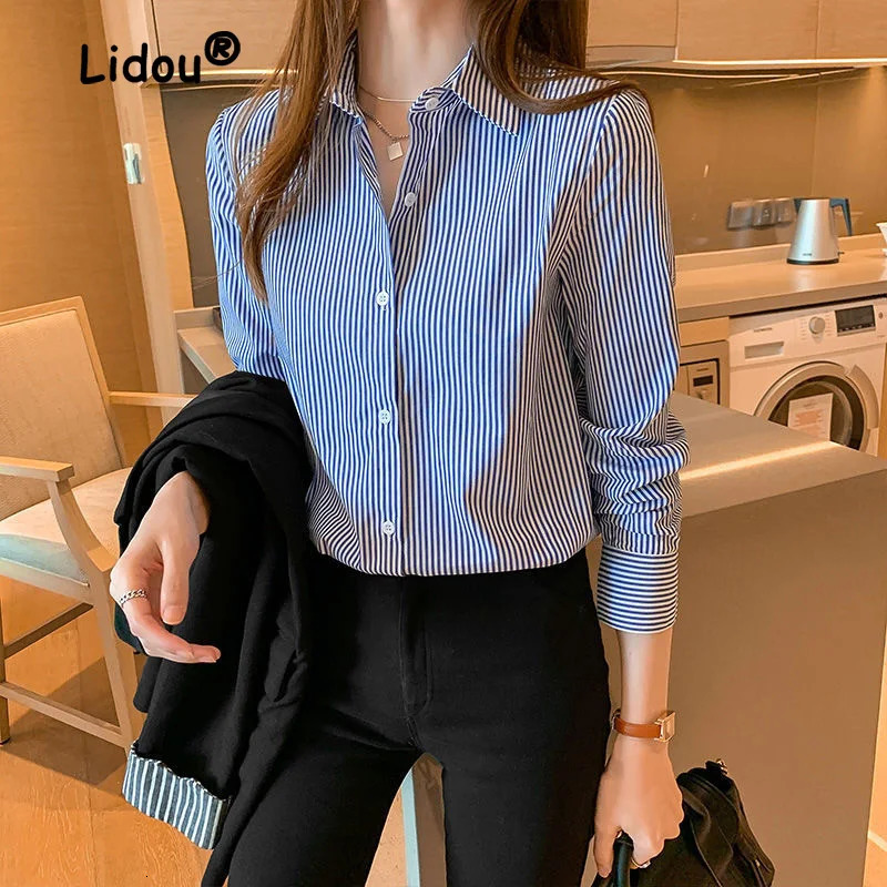 Profession Office Printing Striped Single-breasted Blouse Women Long Sleeve Turn-down Collar Korean All-match Lady Shirt 250224