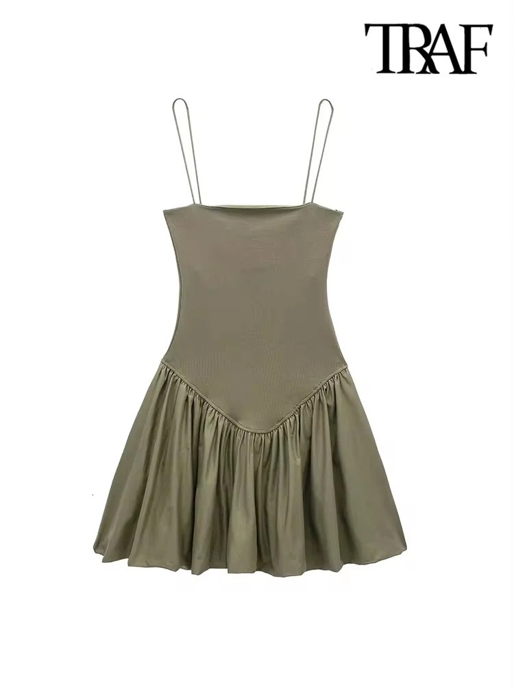 TRAFWomens Patchwork Ribbed Poplin Puff Mini Dress Straight Neck Thin Straps Female Dresses Sexy Fashion 250222