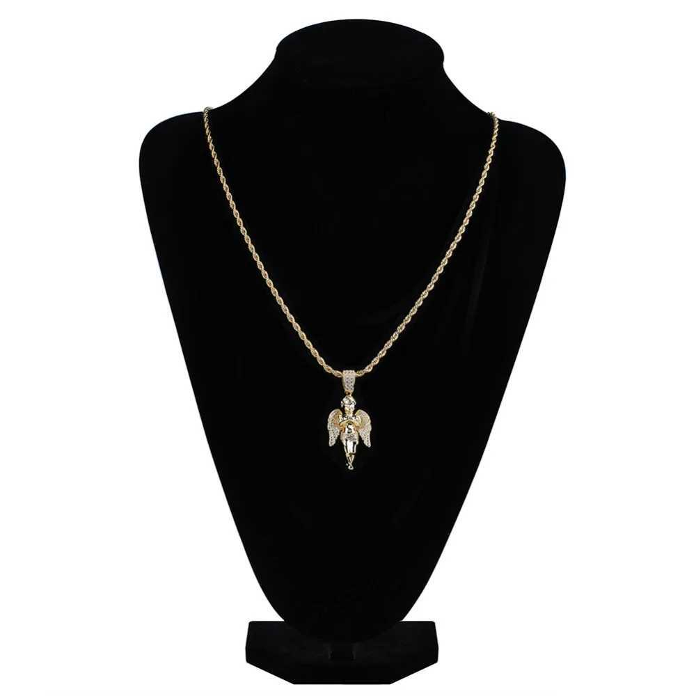 TOPGRILLZ HipHop Mens Wen Necklace Gold Color Plated and Out Micro Pave CZ Stone Angel Pendant Necklaces Gifts X250224