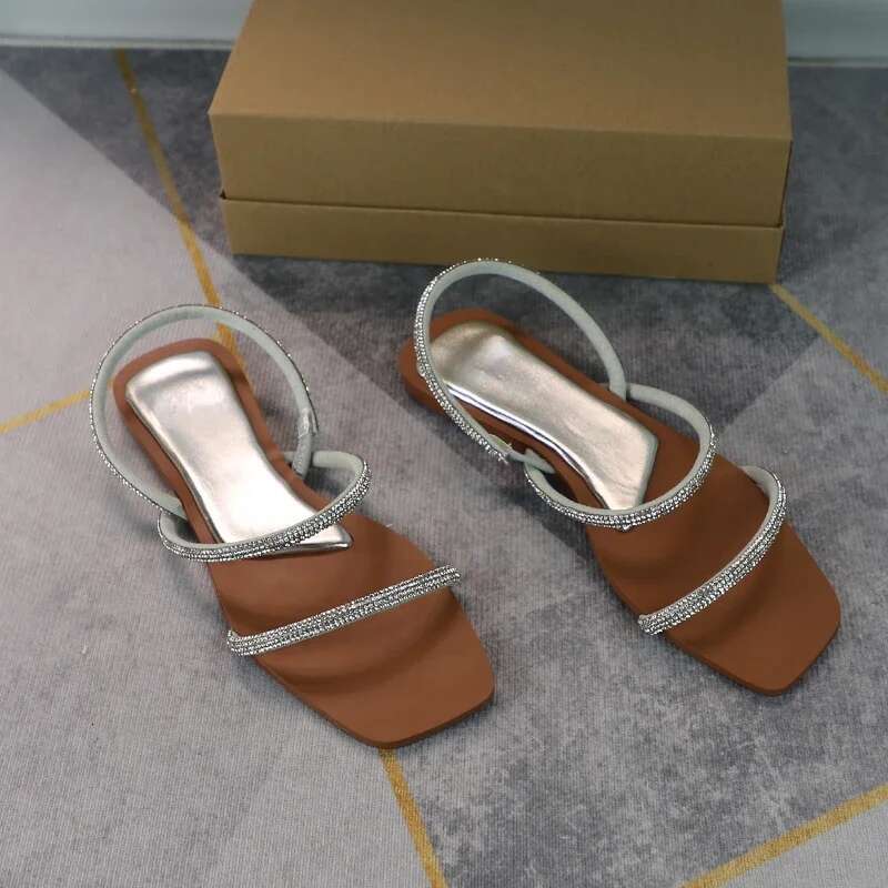 Women's Bg Flat Sandals Square Toe Broken Dia Shiny Thin Strip Summer Shoes Woman Comfortable Casual Slippers
