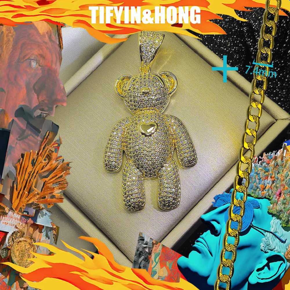 Hip hop luxury gold-plated necklace paired with teddy bear diamond pendant high-end custization rap street trend decoration X250224