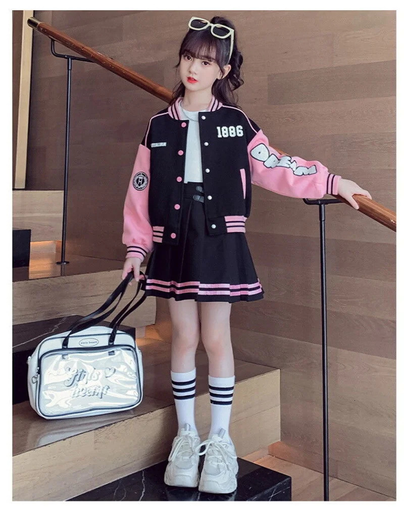 Girls Fashion Clothing Sets Spring Autumn Kids Baseball Sports Suit Children Jacket Pleated Skirt 2Pcs Student Uniform Outfits 250224