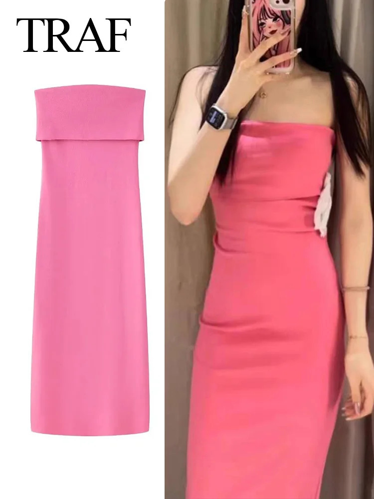 TRAFZA Woman Pink Dress For Beach Party Midi Women Solid Strapless Backless Off Shoulder Slim Long Dresses Summer 250222