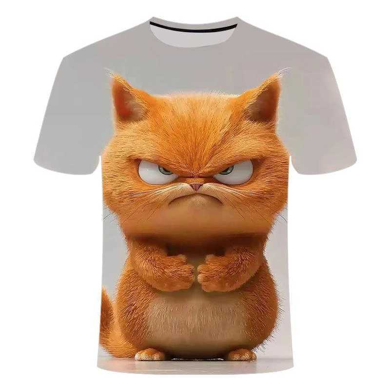 Interesting Angry Cat Graphic T-shirt Summer Fashion Short Sleeve Interesting 3D Animal Printing Mens and Womens T-shirt Casual Extra Large T-shirt W2