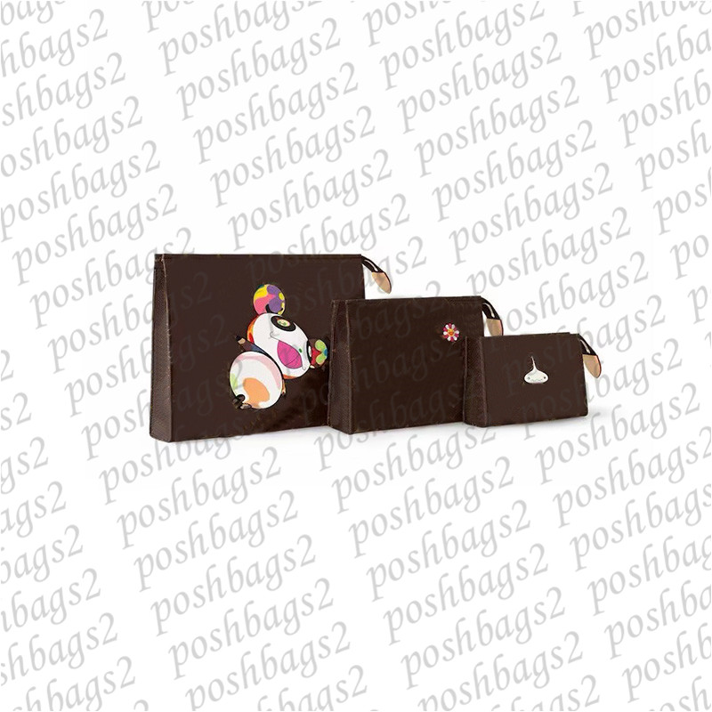 Fashion Toiletry Pouches Set of 3pcs Sold with Box Packaging Genuine Leather Trim with Coated Canvas Made