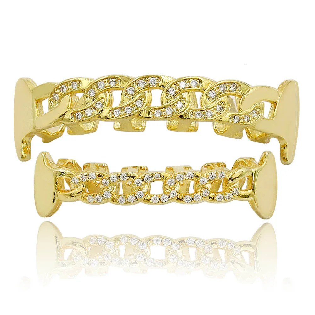 Hollow out Top Bottom Mouth Iced Out Cubic Zirconia Brass Teeth For Men Teeth Grills Tooth Caps Removable Body Jewelry 250219