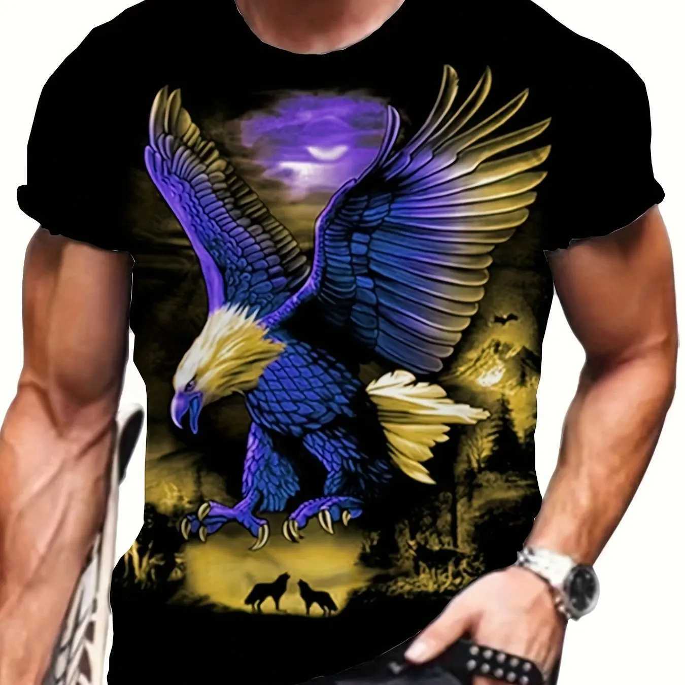 Mens plus size 3D eagle animal pattern printed T-shirt fashionable short sleeved summer top mens clothing W250224