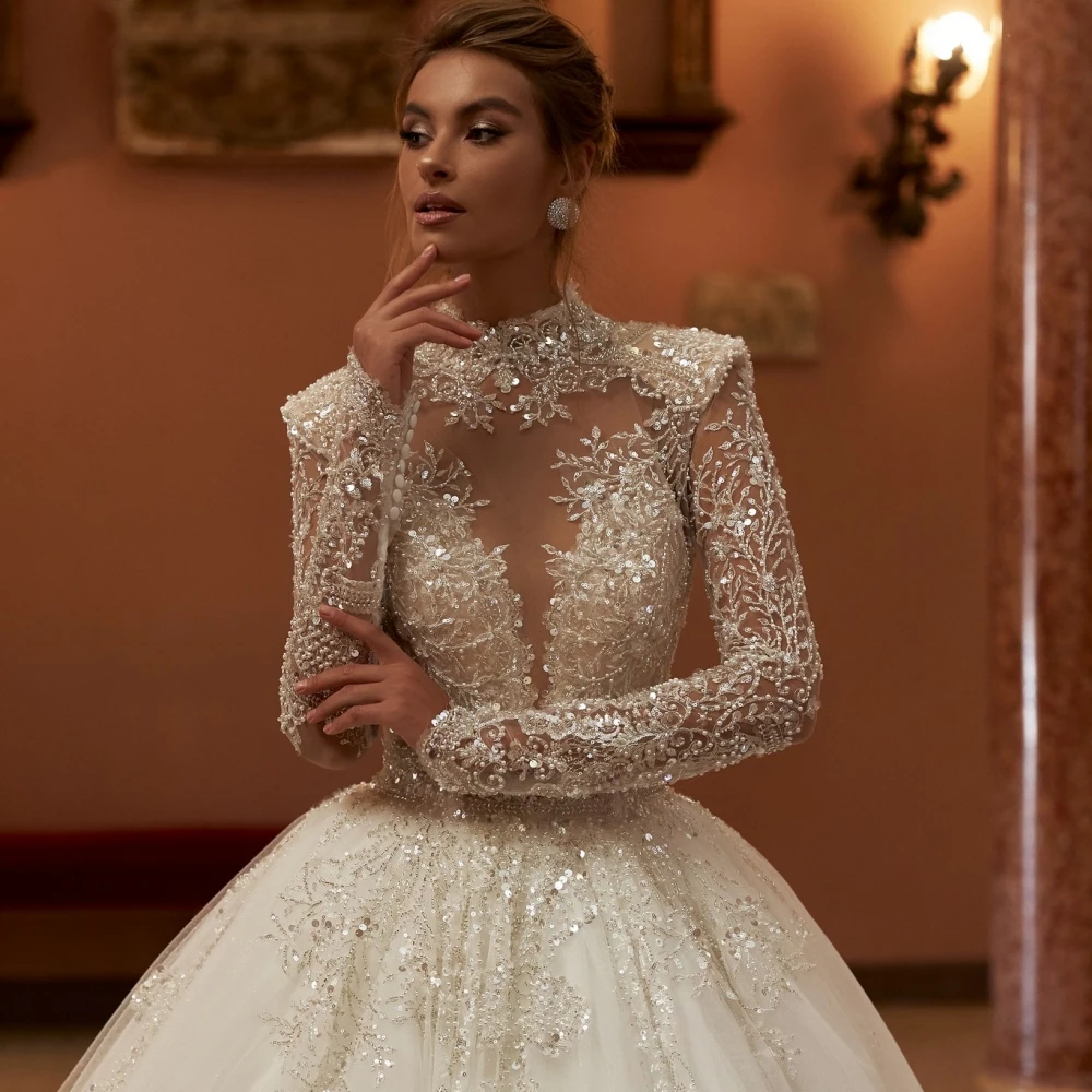 A e Women Wedding High Collar Long Sleeves Bridal Gowns Sequins Beaded Sweep Train Dress Custom Made vestidos de novia