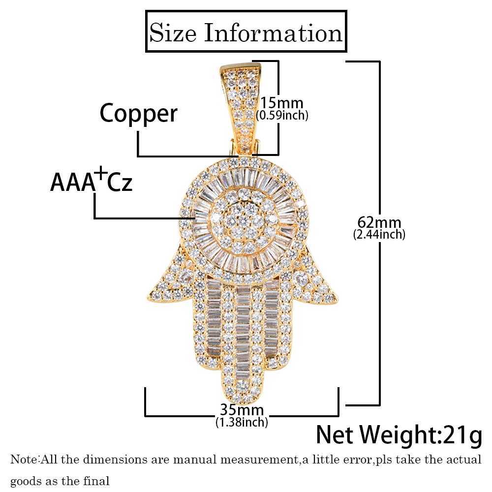 Small/Big Size Hip Hop Bling CZ Fatima Hand Pendant Jewelry Wen d Out Charm Hamsa Pendant Necklace With 16-24inch Chain X250224