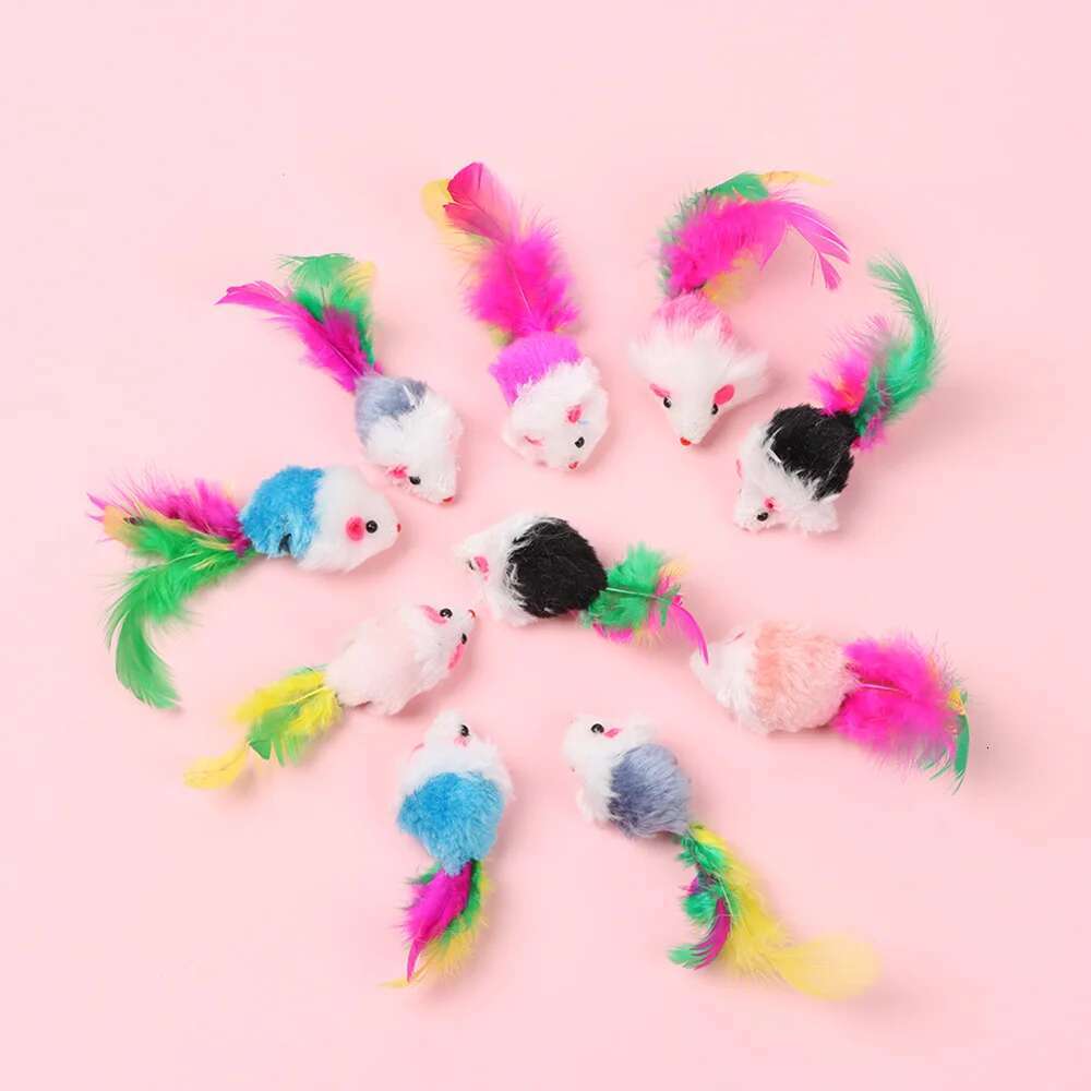 10 Pcs New Plush Cat Mouse Mice Rattle Set Interactive Pet Toy for Kittens Assorted Caip Toys with Colorful Feather Tail